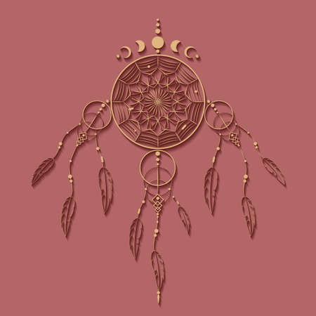 Detailed dreamcatcher with mandala ornament and Moon Phases. Gold Mystic symbol, Ethnic art with native American Indian boho design, vector isolated on old vintage pink backgroundのイラスト素材