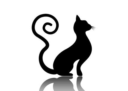 Black cat silhouette with curly tail, feline animal logo template, vector illustration isolated on a white backgroundのイラスト素材