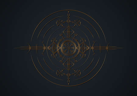 Magic ancient viking art deco, Gold Vegvisir navigation compass ancient. The Vikings used many symbols in accordance to Norse mythology, widely used in Viking society. Logo icon Wiccan esoteric signのイラスト素材