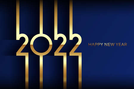 golden 2022 Happy New Year card with premium foil gradient texture lines, dark background. Festive luxury design for holiday card, invitation, calendar poster. 2022 New Year gold text on blueのイラスト素材