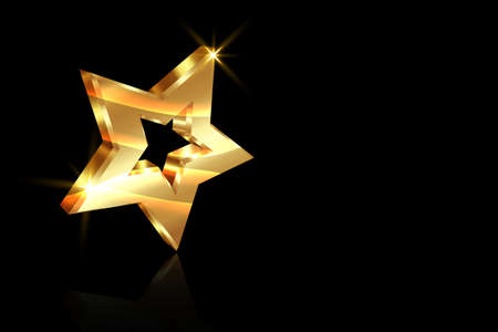 Golden star prize concept, 3D gold logo icon with light effect, vector illustration isolated on black backgroundのイラスト素材