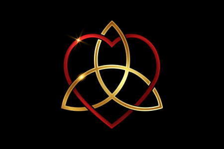 Celtic love knot, intertwined red heart shape and golden Triquetra, Everlasting Love symbol knot. Logo icon Valentines day concept, gold vector tattoo isolated on black backgroundのイラスト素材