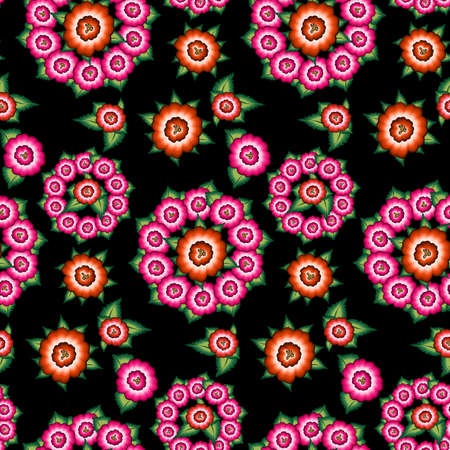 Seamless Mexican floral embroidery pattern, ethnic colorful Mandala native flowers folk fashion...