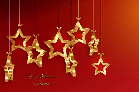 Christmas balls in 3D stars shape, Christmas luxury holiday banner with set gold star, Merry Christmas and Happy New Year greeting card. Golden luxury Vector illustration isolated on red backgroundのイラスト素材