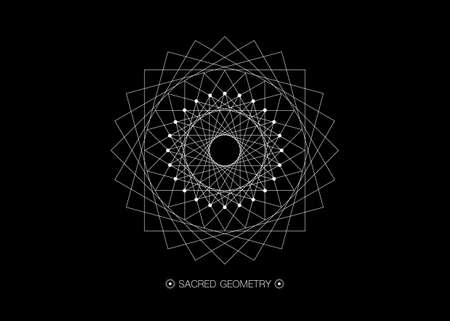 Circle mandala, Sacred Geometry, round frame sign geometric design with intertwining of square and triangular shapes, black line drawing mystic icon vector isolated on black backgroundのイラスト素材