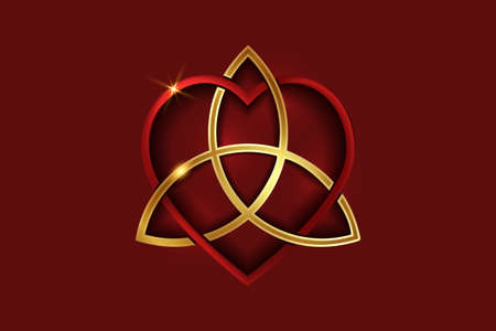 Celtic love knot, intertwined red heart shape and golden Triquetra, Everlasting Love symbol knot. Logo icon Valentines day concept, gold vector tattoo isolated on red backgroundのイラスト素材