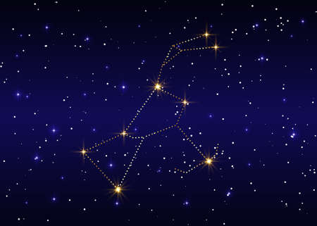 Orion constellation, vector illustration against the starry sky, luxury gold representation in blue galaxy backgroundのイラスト素材
