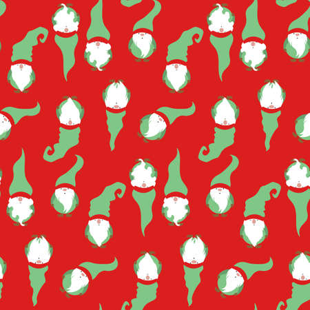 Seamless print set of Christmas Gnome, Scandinavian Nordic Gnome, Cute Christmas Santa Gnome Elf. Vector Illustration isolated on red background. Xmas elements for paper designのイラスト素材
