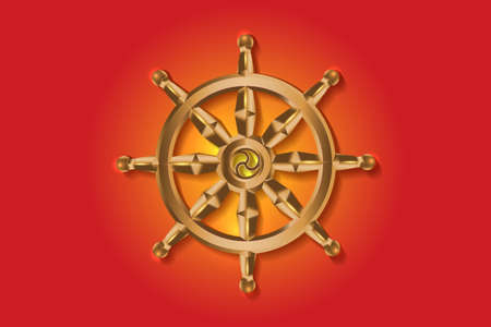 Golden Dharma wheel. Buddhism sacred symbol. Dharmachakra. Vector illustration isolated on colorful backgroundのイラスト素材