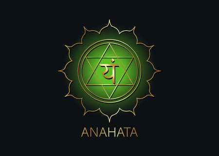 Anahata Fourth chakra with the Hindu Sanskrit seed mantra Vam. green is a flat design style symbol for meditation, yoga. Gold Logo template Vector isolated on black backgroundのイラスト素材