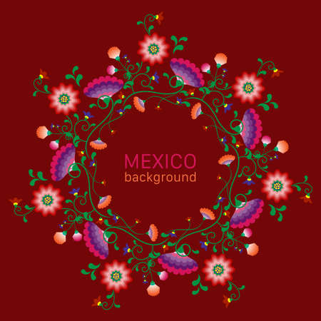 Embroidery mandala flowers folk pattern with Polish and Mexican influence. Trendy ethnic decorative traditional floral round frame design, for fashion, interior, stationery. Vector isolated on redのイラスト素材
