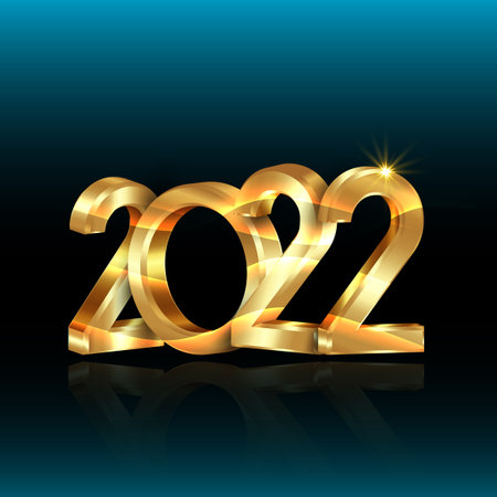 2022 golden 3D numbers, Happy New Year. Square banner Christmas theme. Holiday design for greeting card, invitation, calendar, party, gold luxury vip, vector isolated on blue backgroundのイラスト素材