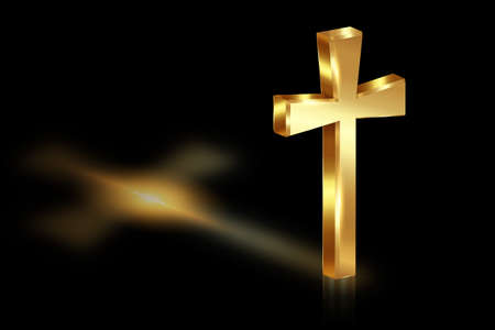 3d gold cross of light, shiny Cross with golden foil texture, symbol of christianity. Symbol of hope and faith. Vector illustration isolated on black backgroundのイラスト素材