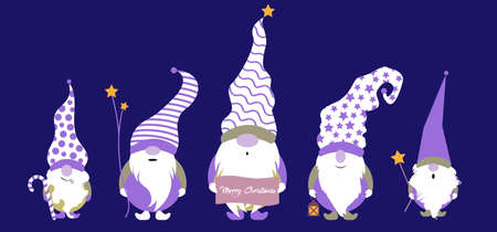 Set of Christmas Gnome, Scandinavian Nordic Gnome, Cute Christmas Santa Gnome Elf. Vector Illustration isolated on blue background. Xmas elements for design, invitations and greeting cardsのイラスト素材