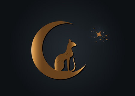 Egyptian Black Cat sitting on the crescent Moon, look at the stars. Golden Alchemy Logo Wicca symbol, boho style, gold tattoo icon. Vector illustration isolated on black backgroundのイラスト素材