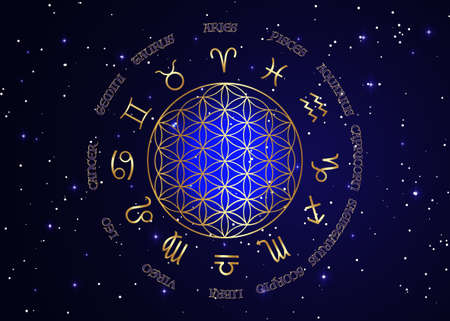 wheel of the zodiac set gold signs. Golden Flower of Life, Yantra Mandala in the lotus flower, Sacred Geometry. Vector illustration isolated on starry sky blue backgroundのイラスト素材