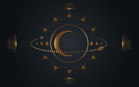 Mystical Sacred geometry. Moon, stars, orbits. Gold Moon magic pagan Wicca goddess symbol. Alchemy, magic, esoteric, occultism. Vector illustration isolated on black backgroundのイラスト素材