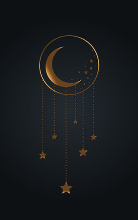 Moon and stars Icon, Boho Witch and Magic symbol. mystic art sign, gold luxury emblem. Vector illustration isolated on black background, Flat style for graphic and web design, logo, sticker, tattooのイラスト素材