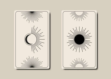 Set magical tarot cards, black magic Sun and Moon boho style, sacred geometry sign, esoteric spiritual symbols, God and Goddess sign. Vector vintage collection on old white backgroundのイラスト素材