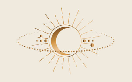 Mystical Sacred geometry. Moon, Sun, orbits. Crescent Moon magic pagan Wicca goddess symbol. Alchemy, magic, esoteric, occultism. Vector gold tattoo illustration isolated on vintage backgroundのイラスト素材