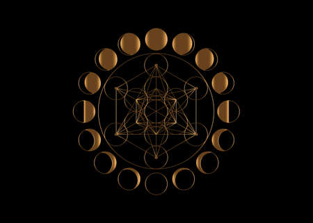 Metatrons Cube, Flower of Life. Sacred geometry, Moon Phases, geometric elements. Gold Mystic icon platonic solids, abstract geometric drawing, crop circles. Vector isolated on black backgroundのイラスト素材