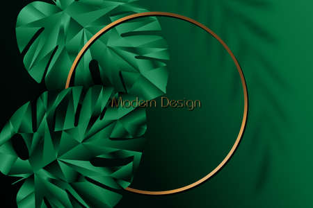 Exotic dark green banner, cover design. Floral background polygonal tropical leaf of Monstera plant low poly. Premium gold circle frames, vector template for lux invitation party, luxury voucher, cardのイラスト素材