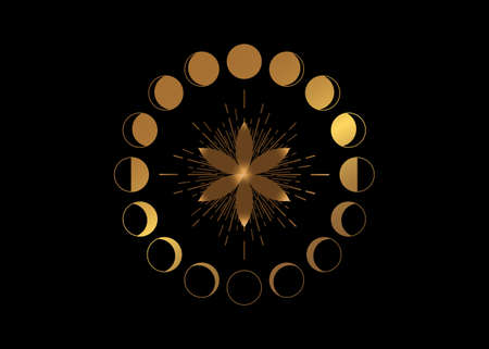 Flower of Life. Sacred geometry, Moon Phases, geometric elements. Gold Mystic icon Seed of life, abstract geometric drawing, crop circles. Vector isolated on black backgroundのイラスト素材
