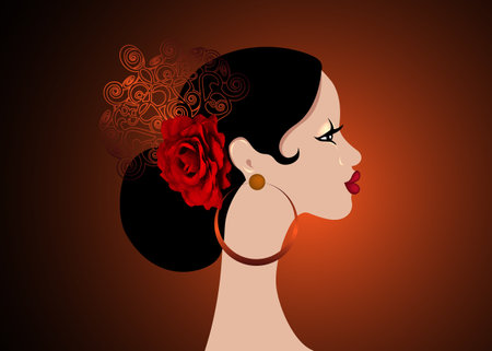 beautiful portrait Spanish Latin woman, hairstyles for flamenco girl wearing folk accessories peineta, red rose flower and earrings, vector isolated on black backgroundのイラスト素材