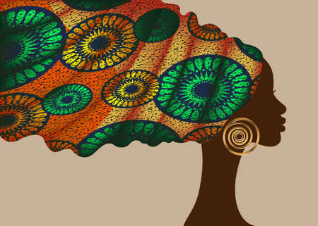 African print turban head wrap, gold portrait beauty Woman in Afro hairstyles, logo design black women hair dress, vector Africa ethnic template isolated on brown backgroundのイラスト素材