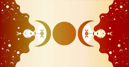 Priestess with lonh hair, banner template. Triple Moon, sacred wiccan women goddess icon. Crescent Moon Religious Wicca sign. Neopaganism symbols on colorful celestial backgroundのイラスト素材