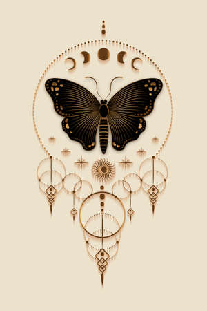 Moon Phases and black butterfly  template, Sacred Geometry, boho style, Gold magic icon, dream catcher symbol, golden hipster talisman, Mystic symbology, vector isolated on old vintage backgroundのイラスト素材