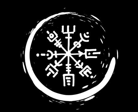 Vegvisir runic compass white pencil drawing style, Hand drawing of Viking symbols, Sacred Norse, round tattoo logo, grunge runic magic symbols, vector illustration isolated on black backgroundのイラスト素材