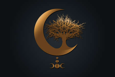 Gold Mystical Moon, tree of life Wicca sign. Sacred geometry. Golden luxury Logo, Crescent moon, half moon pagan Wiccan triple goddess symbol, energy circle, vector isolated on black backgroundのイラスト素材