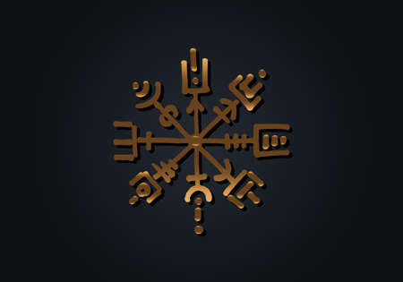 Magic ancient viking art deco, Gold Vegvisir navigation compass ancient. The Vikings used many symbols in accordance to Norse mythology, widely used in Viking society. Logo icon Wiccan esoteric signのイラスト素材