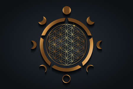 Circle Phases of the moon, flower of life, gold spiritual Yantra mandala, Sacred Geometry. Gold Wiccan symbol, Vector golden round logo isolated on black black backgroundのイラスト素材