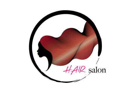 woman long red hair style icon, round circle logo women portrait fashion wave style vector isolated on white backgroundのイラスト素材