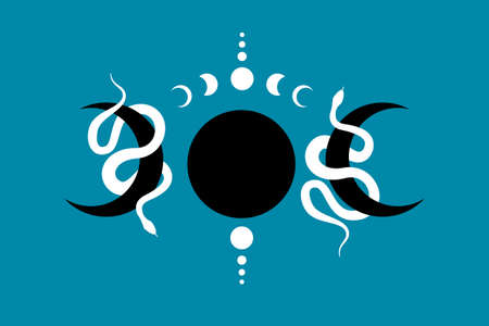 Magic mystic Triple Moon and Snakes, Moon Phases. Sacred geometry, celestial pagan Wiccan goddess...