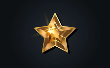 3D gold star with five rays elegant element isolated on black background. Golden luxury star prize concept, logo icon. Films and cinema symbol stock, Academy awardのイラスト素材