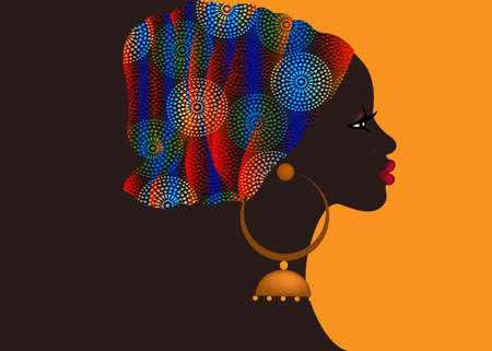 Afro hairstyle, beautiful portrait African woman in wax print fabric turban, ethnic tribal colorful head wrap for afro curly hair, banner template, vector isolated on orange backgroundのイラスト素材