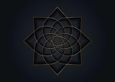 Gold lotus flower mandala, Seed of life symbol Sacred Geometry. Logo icon Geometric mystic mandala of alchemy esoteric Flower. Vector golden line art divine meditative amulet isolated on blackのイラスト素材