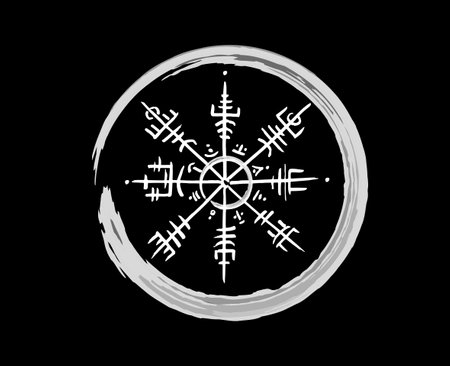 Vegvisir runic compass white pencil drawing style, Hand drawing of Viking symbols, Sacred Norse, tattoo logo, grunge runic magic symbols, vector illustration isolated on black backgroundのイラスト素材