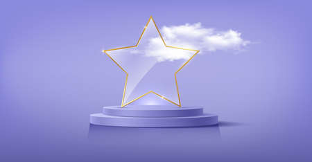 glass trophy award with gold star frame in 3d platform studio display. Fashion Pedestal floor. Luxury Stage showcase podium, vector illustration purple background and fluffy cloudsのイラスト素材