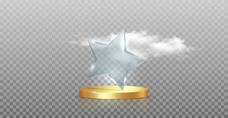 glass trophy award star shape in 3d gold platform studio display and fluffy clouds. Fashion Pedestal floor. Luxury Stage showcase podium, vector illustration isolated on transparent backgroundのイラスト素材
