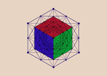 Mathematical 3D solid cube, Hexagonal Mandala, sacred geometry, magic hexagram. Abstract Geometric pattern element line design. Mystic colorful icon platonic solid vector isolated on beige backgroundのイラスト素材
