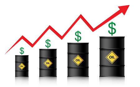 The price of oil is rising. Barrels of oil, dollar and infographics with a red up arrow. Rising crude oil prices concept, vector illustration isolated on white backgroundのイラスト素材