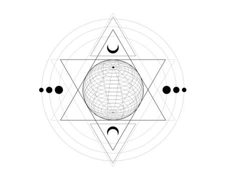 Mystical sacred geometry symbol. alchemy magic wireframe sphere, occult, philosophical sign. For music album cover, poster, sacramental design. Astrology, religion concept. Vector isolated on whiteのイラスト素材