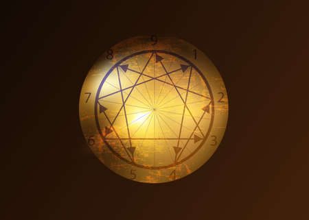 The nine Enneagram icon, sacred geometry, old vintage vector illustration isolated on black...