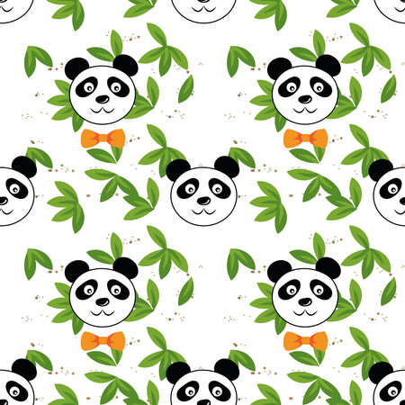 Seamless Cute panda face wearing bow tie with green bamboo leaves, pet animal in cartoon style. Funny baby kids print. Vector illustration isolated on white backgroundのイラスト素材