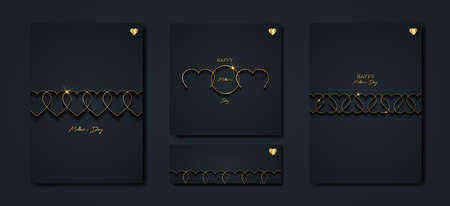 Happy Mothers day vector set greeting card. Gold Mom hearts on black background. Golden holiday poster with text. Concept for mother's day banner, flyer, party invitation, gift shop, templatesのイラスト素材