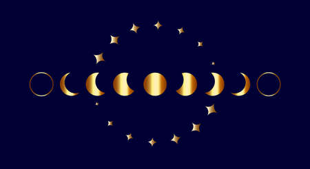 Moon Phases gold border frame, wicca banner sign. Triple moon pagan Wiccan goddess symbol, Sacred geometry, wheel of the year and golden stars, vector isolated on blue backgroundのイラスト素材